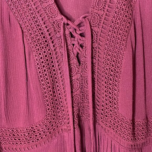 Torrid Burgundy Boho Peasant Top Plus Size 2X Bell Sleeve Crochet Lace Up Blouse - Picture 4 of 9